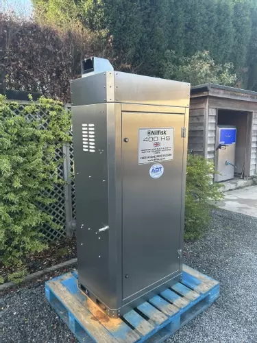 Nilfisk 400HS DTE stainless static pressure washer prepared and tested before delivery to site. Fully built and ready for installation.